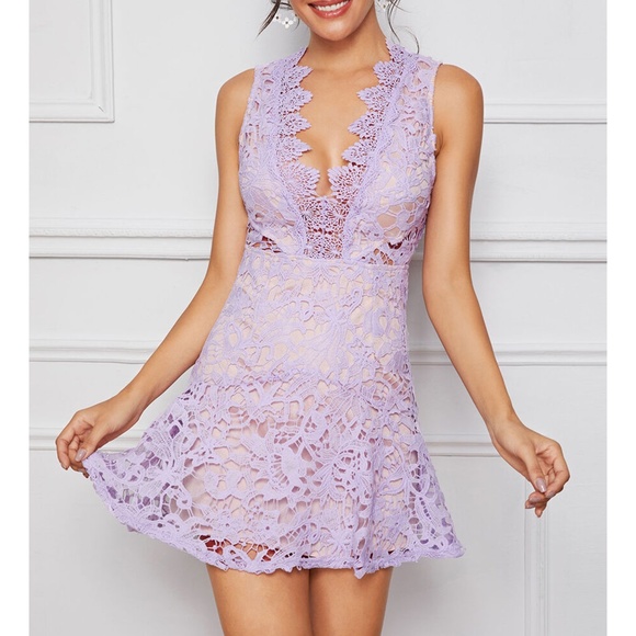 MBM Unlimited Dresses & Skirts - Lilac Sleeveless Plunge Backless A Line Lace Dress